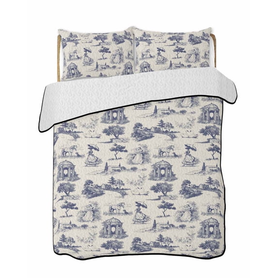 Quilts Queen Size Bedding Set, Farmhouse Country Lightweight Quilted Comforter, Vintage Blue French Garden Horse Swan Soft Reversible Bedspread Coverlet with Pillow Covers for All Season, 90" x 96"