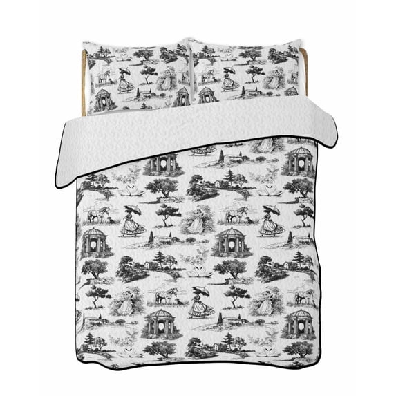 Quilts Queen Size Bedding Set, Farmhouse Country Reversible Summer Quilt 3 Pieces, Retro French Garden Horse Swan Lightweight Bedspreads Coverlets with 2 Pillow Shams for All Seasons