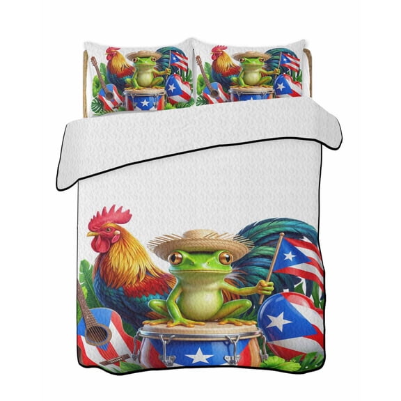 Quilts Queen Size Bedding Set, Farmhouse Frog Rooster Reversible Summer Quilt 3 Pieces, Puerto Rico Flag Tropical Lightweight Bedspreads Coverlets with 2 Pillow Shams for All Seasons