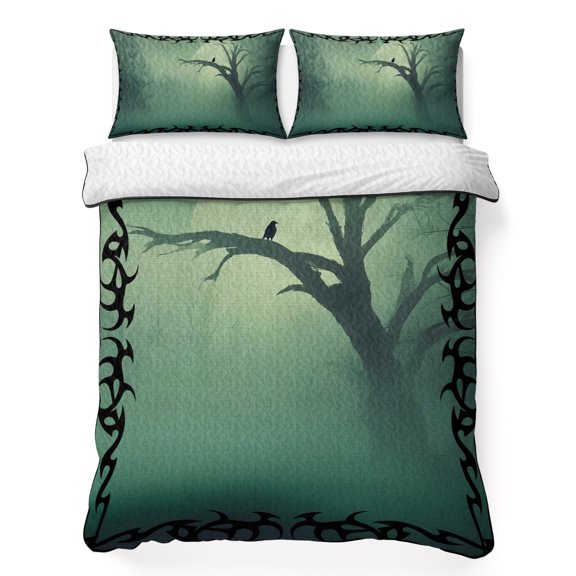 Quilts Queen Size Bedding Set, Foggy Forest Green Lightweight Quilted Comforter, Spooky Branch Tree Crow Bird Moon Soft Reversible Bedspread Coverlet with Pillow Covers for All Season, 90" x 96"