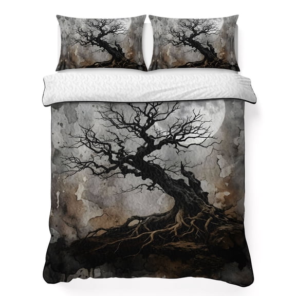Quilts Queen Size Bedding Set, Full Moon Lightweight Quilted Comforter, Vintage Horror Tree Branches Ombre Grey Soft Reversible Bedspread Coverlet with Pillow Covers for All Season, 90" x 96"