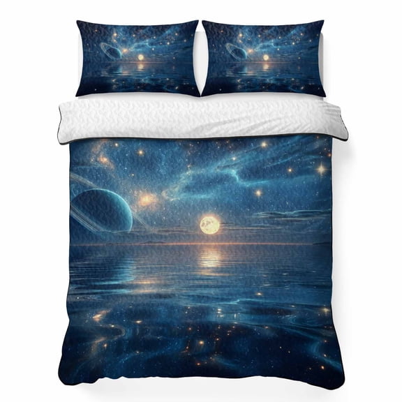 Quilts Queen Size Bedding Set, Galaxy Space Lightweight Quilted Comforter, Universe Planets Sparkling Stars Moon Blue Soft Reversible Bedspread Coverlet with Pillow Covers for All Season, 90" x 96"