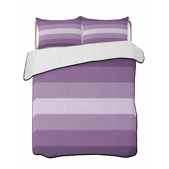 Quilts Queen Size Bedding Set, Geometric Purple, Lightweight Quilted Comforter, Solid Ombre Geometric Modern Stripe Soft Reversible Bedspread Coverlet with Pillow Covers for All Season, 90" x 96"