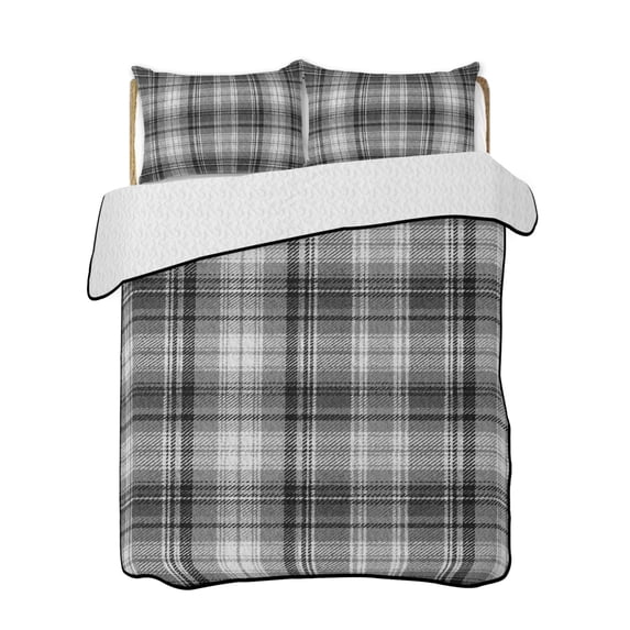 Quilts Queen Size Bedding Set, Gray Black Buffalo Plaid Reversible Summer Quilt 3 Pieces, White Farmhouse Modern Striped Lightweight Bedspreads Coverlets with 2 Pillow Shams for All Seasons