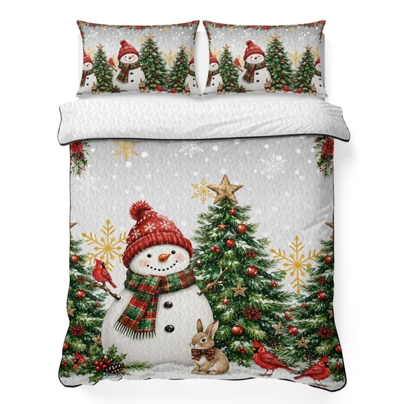 Quilts Queen Size Bedding Set, Gray Christmas Lightweight Quilted Comforter, Xmas Snowman Trees Snowflake Winter Soft Reversible Bedspread Coverlet with Pillow Covers for All Season, 90" x 96"