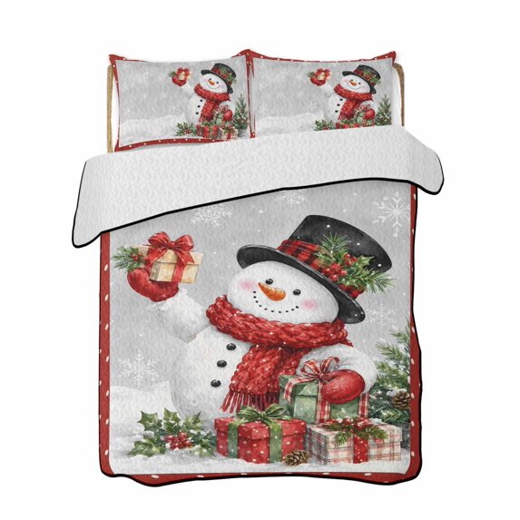 Quilts Queen Size Bedding Set, Gray Christmas Reversible Summer Quilt 3 Pieces, Xmas Snowman Snowflake Pine Tree Gifts Berry Red Lightweight Bedspreads Coverlets with 2 Pillow Shams for All Seasons