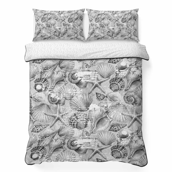 Quilts Queen Size Bedding Set, Gray Coastal Lightweight Quilted Comforter, Summer Beach Starfish Conch Shell Ocean Soft Reversible Bedspread Coverlet with Pillow Covers for All Season, 90" x 96"