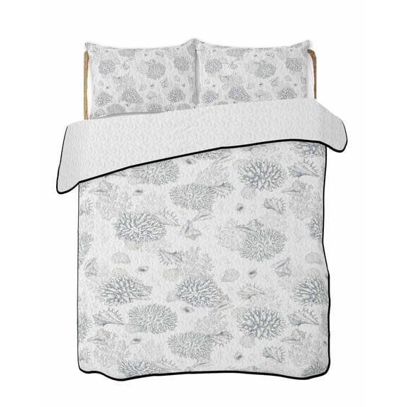 Quilts Queen Size Bedding Set, Gray Coastal Reversible Summer Quilt 3 Pieces, Summer Beach Ocean Coral Conch Shell Lightweight Bedspreads Coverlets with 2 Pillow Shams for All Seasons