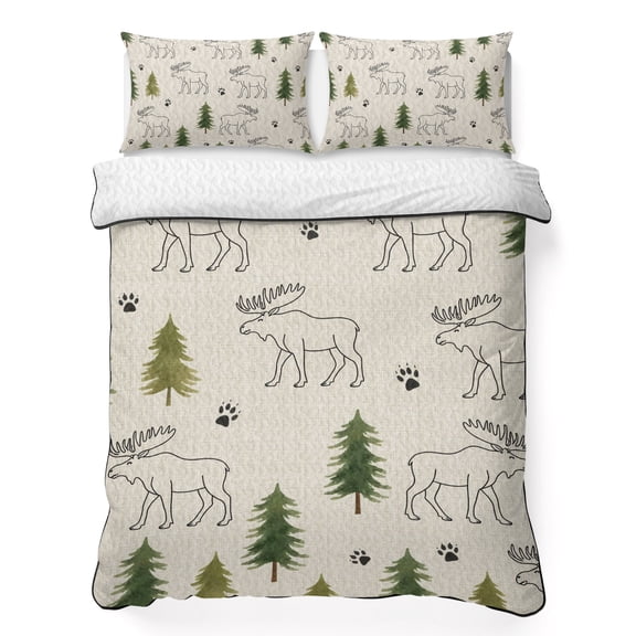 Quilts Queen Size Bedding Set, Green Black Moose Lightweight Quilted Comforter, Checkered Vintage Art Animals Rustic Soft Reversible Bedspread Coverlet with Pillow Covers for All Season, 90" x 96"