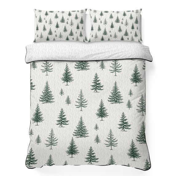 Quilts Queen Size Bedding Set, Green Christmas Tree Lightweight Quilted Comforter, Winter Seasonal Xmas Pine Trees Soft Reversible Bedspread Coverlet with Pillow Covers for All Season, 90" x 96"