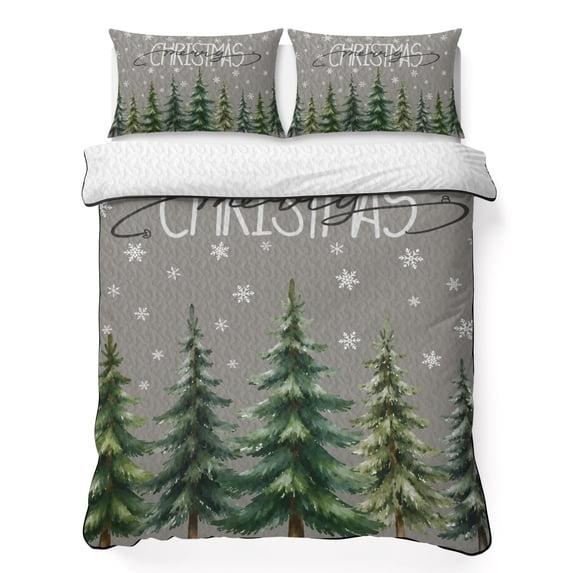 Quilts Queen Size Bedding Set, Green Christmas Tree Lightweight Quilted Comforter, Xmas Trees Snowflake Grey Soft Reversible Bedspread Coverlet with Pillow Covers for All Season, 90" x 96"