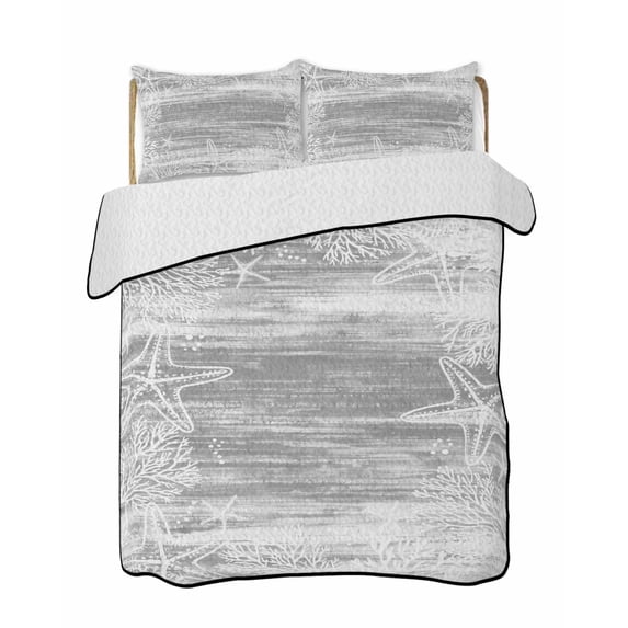 Quilts Queen Size Bedding Set, Grey Coastal Lightweight Quilted Comforter, Summer Ocean Sea Ombre Starfish Corals Soft Reversible Bedspread Coverlet with Pillow Covers for All Season, 90" x 96"