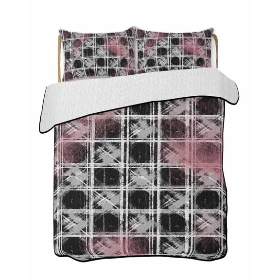 Quilts Queen Size Bedding Set, Grey Pink Geometric Lightweight Quilted Comforter, Black White Boho Soft Reversible Bedspread Coverlet with Pillow Covers for All Season, 90" x 96"