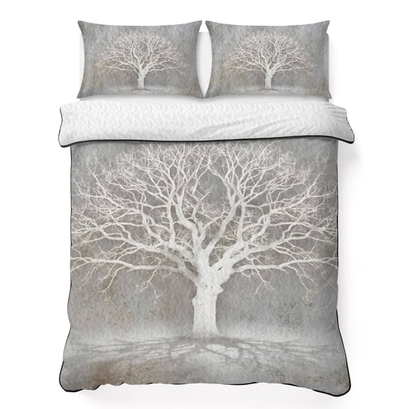 Quilts Queen Size Bedding Set, Grey Trees Lightweight Quilted Comforter, Modern Abstract Minimalist Nature Branch Textured Soft Bedspread Coverlet with Pillow Covers for All Season, 90" x 96"
