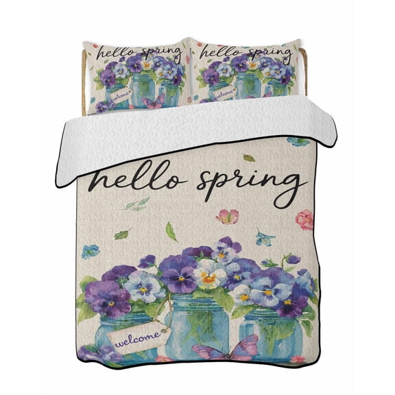 Quilts Queen Size Bedding Set, Hello Spring Reversible Summer Quilt 3 Pieces, Pastoral Purple Bottle Floral Rustic Burlap Lightweight Bedspreads Coverlets with 2 Pillow Shams for All Seasons