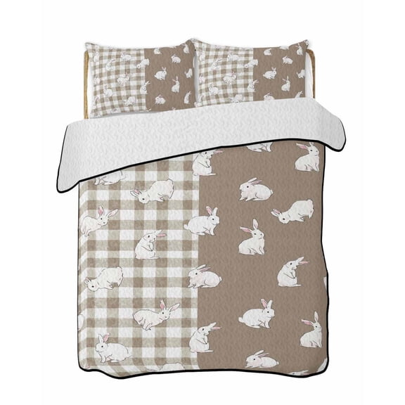 Quilts Queen Size Bedding Set, Japanese Rabbits Reversible Summer Quilt 3 Pieces, Vintage Bunny Brown Farmhouse Plaid Lightweight Bedspreads Coverlets with 2 Pillow Shams for All Seasons