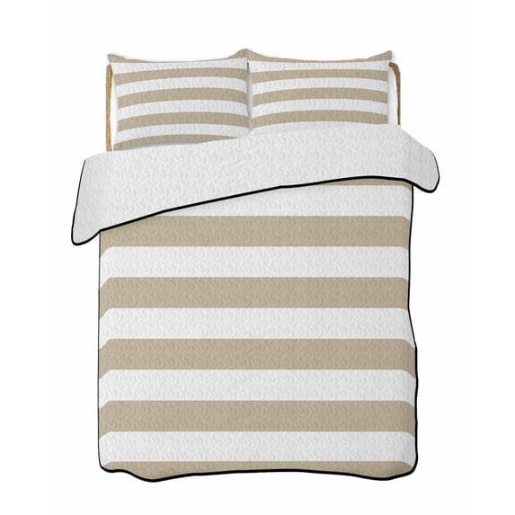 Quilts Queen Size Bedding Set, Khaki Stripes Lightweight Quilted Comforter, Simple Khaki White Texture Soft Reversible Bedspread Coverlet with Pillow Covers for All Season, 90" x 96"