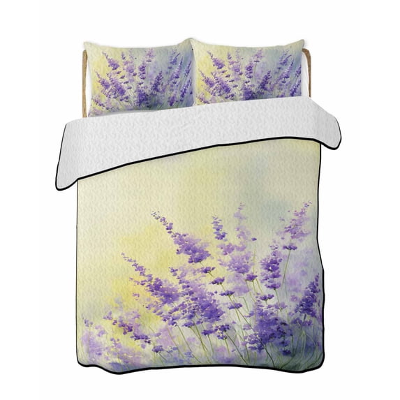 Quilts Queen Size Bedding Set, Lavender Reversible Summer Quilt 3 Pieces, Purple Floral Spring Country Nature Wildflower Plant Lightweight Bedspreads Coverlets with 2 Pillow Shams for All Seasons