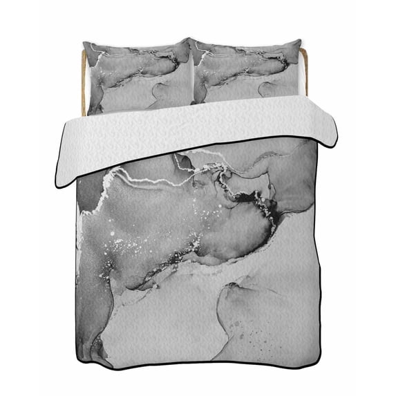 Quilts Queen Size Bedding Set, Marble Grey Lightweight Quilted Comforter, Modern Abstract Ink Painting Luxury Soft Reversible Bedspread Coverlet with Pillow Covers for All Season, 90" x 96"