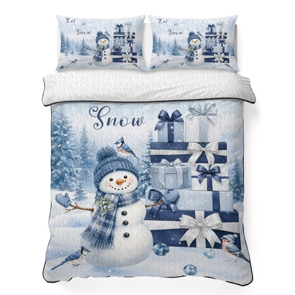Quilts Queen Size Bedding Set, Merry Christmas Lightweight Quilted Comforter, Xmas Snowman Blue Gifts Forest Soft Reversible Bedspread Coverlet with Pillow Covers for All Season, 90" x 96"
