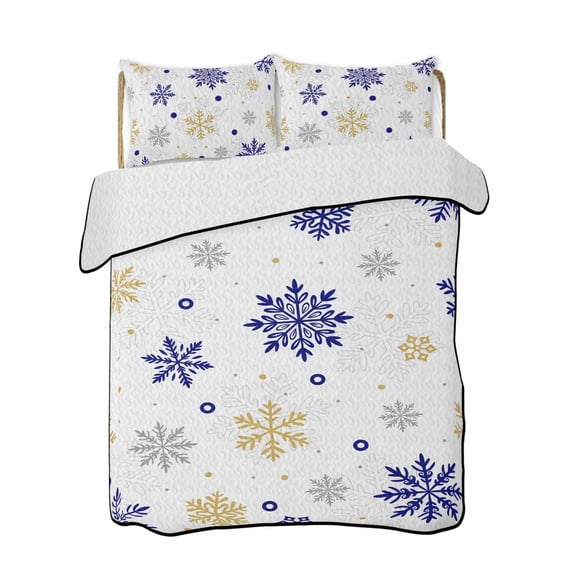Quilts Queen Size Bedding Set, Merry Christmas Reversible Summer Quilt 3 Pieces, Winter Xmas Snowflakes Blue Yellow Lightweight Bedspreads Coverlets with 2 Pillow Shams for All Seasons