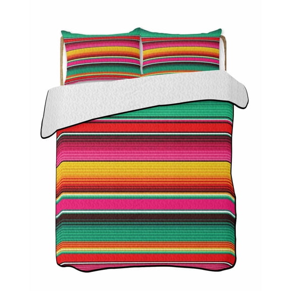 Quilts Queen Size Bedding Set, Mexican Style Reversible Summer Quilt 3 Pieces, Colorful Mexico Stripes Green Red Lightweight Bedspreads Coverlets with 2 Pillow Shams for All Seasons