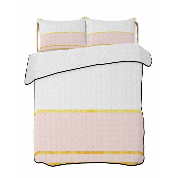 Quilts Queen Size Bedding Set, Modern Pink Gold Lightweight Quilted Comforter, Minimalist Geometric Yellow Striped Soft Reversible Bedspread Coverlet with Pillow Covers for All Season, 90" x 96"