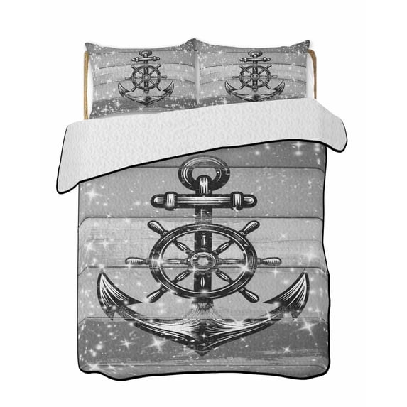Quilts Queen Size Bedding Set, Nautical Anchor Reversible Summer Quilt 3 Pieces, Rudder Stars Retro Black Grey Wooden Grain Lightweight Bedspreads Coverlets with 2 Pillow Shams for All Seasons