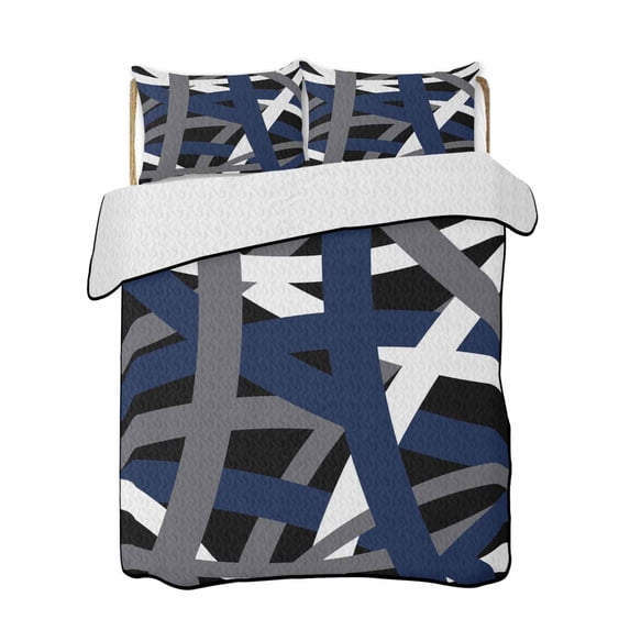 Quilts Queen Size Bedding Set, Navy Blue Black Geometric Reversible Summer Quilt 3 Pieces, Modern Art Abstract Grey Line Lightweight Bedspreads Coverlets with 2 Pillow Shams for All Seasons