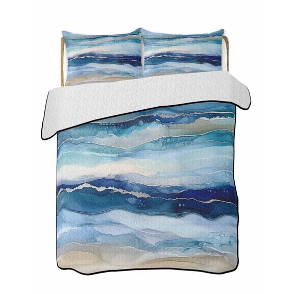 Quilts Queen Size Bedding Set, Navy Blue Coastal Beach Lightweight Quilted Comforter, Summer Nautical Abstract Ombre Art Reversible Bedspread Coverlet with Pillow Covers for All Season, 90" x 96"