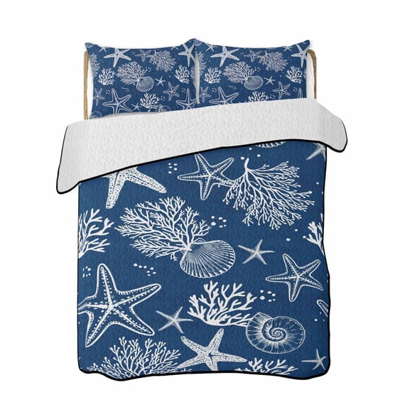 Quilts Queen Size Bedding Set, Navy Blue Coastal Reversible Summer Quilt 3 Pieces, Nautical Beach Starfish Coral Summer Lightweight Bedspreads Coverlets with 2 Pillow Shams for All Seasons