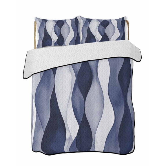 Quilts Queen Size Bedding Set, Navy Blue Lightweight Quilted Comforter, Modern Moire Abstract Ripple Geometric Soft Reversible Bedspread Coverlet with Pillow Covers for All Season, 90" x 96"