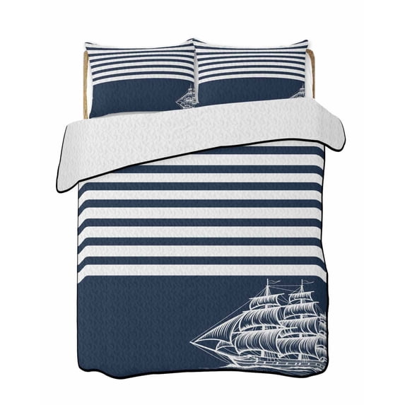 Quilts Queen Size Bedding Set, Navy Blue Reversible Summer Quilt 3 Pieces, Nautical Coastal Sea Abstract Art Lightweight Bedspreads Coverlets with 2 Pillow Shams for All Seasons