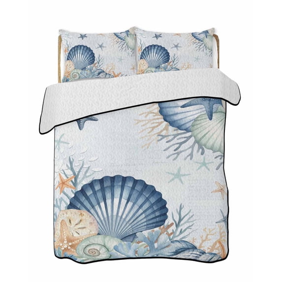 Quilts Queen Size Bedding Set, Navy Blue Shell Coastal Reversible Summer Quilt 3 Pieces, Starfish Coral Summer Beach Nautical Lightweight Bedspreads Coverlets with 2 Pillow Shams for All Seasons