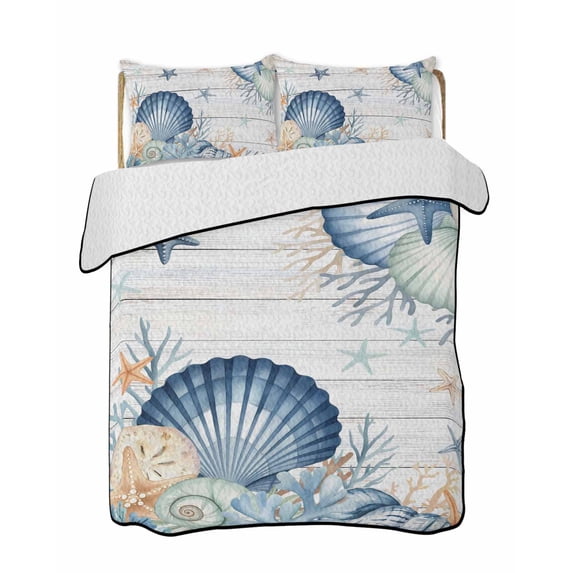 Quilts Queen Size Bedding Set, Navy Blue Shell Coastal Reversible Summer Quilt 3 Pieces, Starfish Coral Wooden Ocean Sea Lightweight Bedspreads Coverlets with 2 Pillow Shams for All Seasons