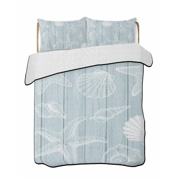 Quilts Queen Size Bedding Set, Ocean Beach Reversible Summer Quilt 3 Pieces, Summer Coastal Starfish Shell Conch Wooden Green Lightweight Bedspreads Coverlets with 2 Pillow Shams for All Seasons