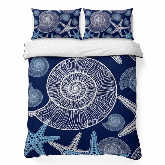 Quilts Queen Size Bedding Set, Ocean Conch Lightweight Quilted Comforter, Vintage Coastal Starfish Lines Navy Blue Soft Reversible Bedspread Coverlet with Pillow Covers for All Season, 90" x 96"