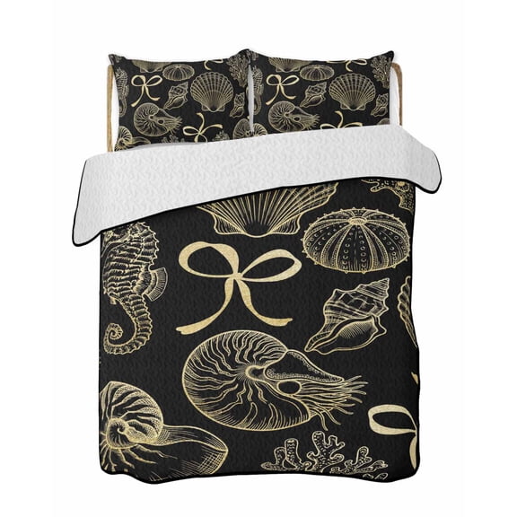 Quilts Queen Size Bedding Set, Ocean Conch Shell Reversible Summer Quilt 3 Pieces, Black Coastal Seahorse Coral Yellow Bows Lightweight Bedspreads Coverlets with 2 Pillow Shams for All Seasons