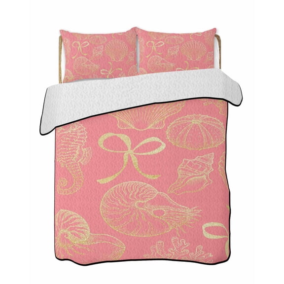 Quilts Queen Size Bedding Set, Ocean Conch Shell Reversible Summer Quilt 3 Pieces, Coastal Seahorse Coral Bows Retro Pink Lightweight Bedspreads Coverlets with 2 Pillow Shams for All Seasons