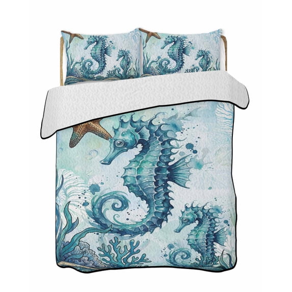 Quilts Queen Size Bedding Set, Ocean Seahorses Reversible Summer Quilt 3 Pieces, Coastal Animals Seaweed Strafish Compass Blue Lightweight Bedspreads Coverlets with 2 Pillow Shams for All Seasons
