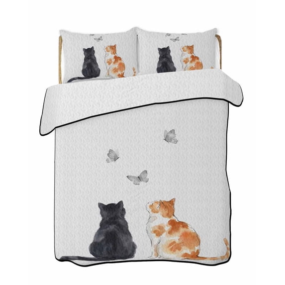 Quilts Queen Size Bedding Set, Orange Black Cat Reversible Summer Quilt 3 Pieces, Modern Simple Cute Animals Butterfly Lightweight Bedspreads Coverlets with 2 Pillow Shams for All Seasons