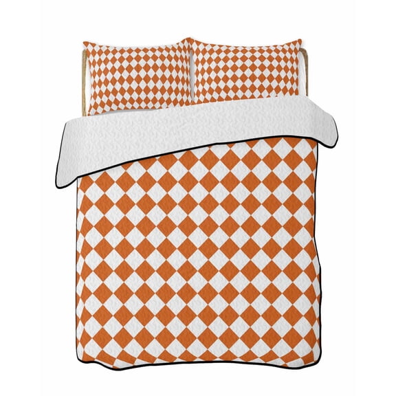 Quilts Queen Size Bedding Set, Orange Plaid Lightweight Quilted Comforter, Modern Minimalist Geometric Gingham Checkered Reversible Bedspread Coverlet with Pillow Covers for All Season, 90" x 96"