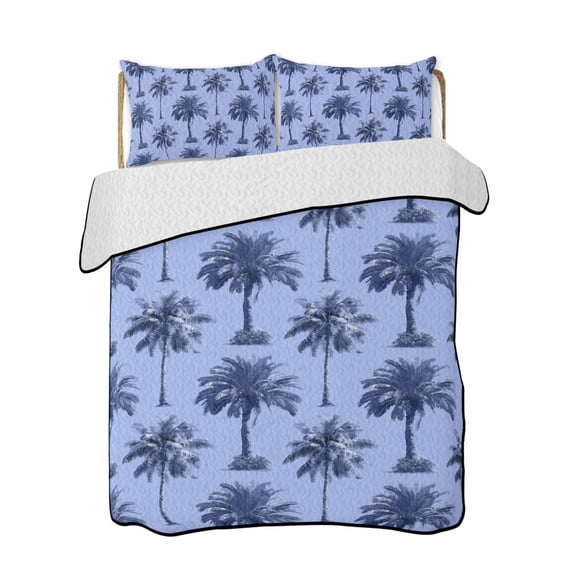 Quilts Queen Size Bedding Set, Palm Trees Reversible Summer Quilt 3 Pieces, Summer Vintage Tropical Trees Botanical Blue Lightweight Bedspreads Coverlets with 2 Pillow Shams for All Seasons