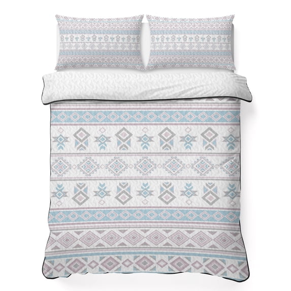 Quilts Queen Size Bedding Set, Pink Blue Boho Striped Lightweight Quilted Comforter, Southwestern Ethnic Tribe Vintage Soft Reversible Bedspread Coverlet with Pillow Covers for All Season, 90" x 96"