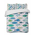 thumbnail image 1 of Quilts Queen Size Bedding Set, Pink Fishes Lightweight Quilted Comforter, Cartoon Coastal Ocean Fish Striped Soft Reversible Bedspread Coverlet with Pillow Covers for All Season, 90" x 96", 1 of 7