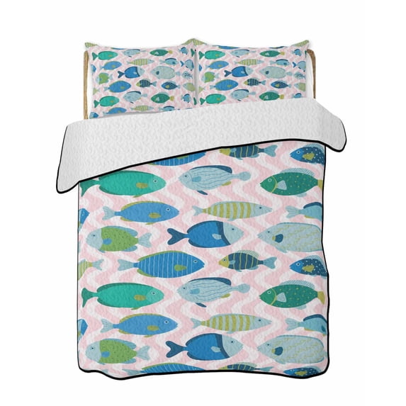 Quilts Queen Size Bedding Set, Pink Fishes Lightweight Quilted Comforter, Cartoon Coastal Ocean Fish Striped Soft Reversible Bedspread Coverlet with Pillow Covers for All Season, 90" x 96"