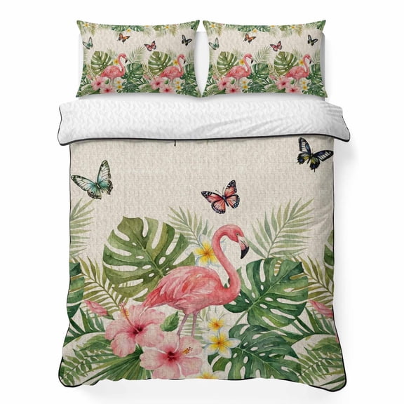 Quilts Queen Size Bedding Set, Pink Flamingo Lightweight Quilted Comforter, Summer Tropical Palm Leaves Floral Rustic Soft Reversible Bedspread Coverlet with Pillow Covers for All Season, 90" x 96"