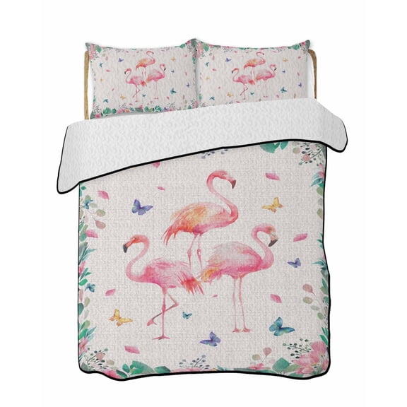 Quilts Queen Size Bedding Set, Pink Flamingo Reversible Summer Quilt 3 Pieces, Tropical Botanical Summer Flower Rustic Lightweight Bedspreads Coverlets with 2 Pillow Shams for All Seasons