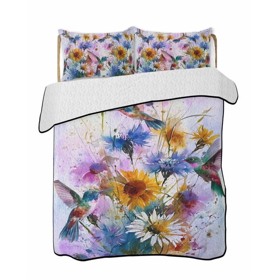 Quilts Queen Size Bedding Set, Pink Purple Hummingbird Reversible Summer Quilt 3 Pieces, Spring Oil Painting Sunflowers Lightweight Bedspreads Coverlets with 2 Pillow Shams for All Seasons