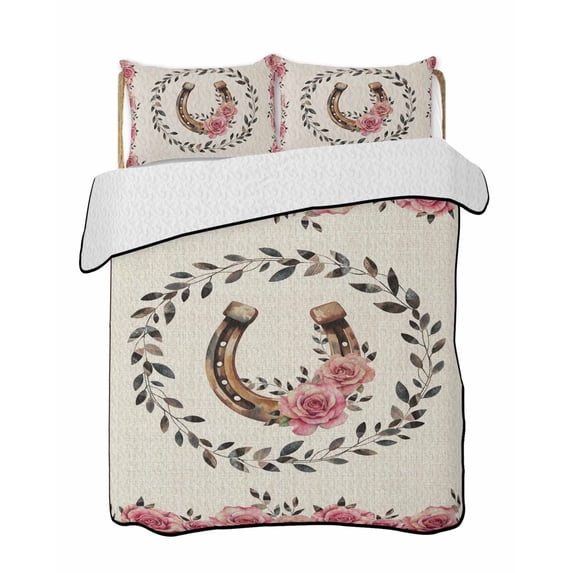 Quilts Queen Size Bedding Set, Pink Roses Reversible Summer Quilt 3 Pieces, Spring Horseshoes Floral Leaves Rustic Lightweight Bedspreads Coverlets with 2 Pillow Shams for All Seasons